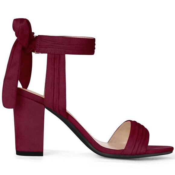 Women's Open Toe Ankle Tie Back Chunky Heel Burgundy Sandals - Picture 6 of 6